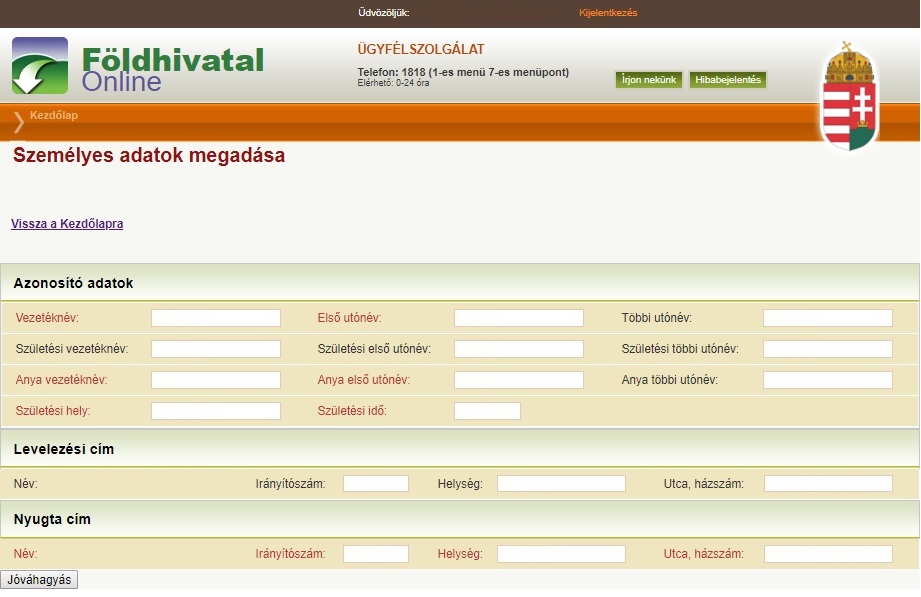 Takarnet adatok megadása